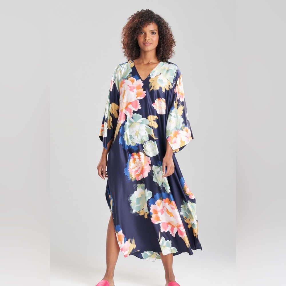 - Natori Hanami navy floral print caftan vneck size M